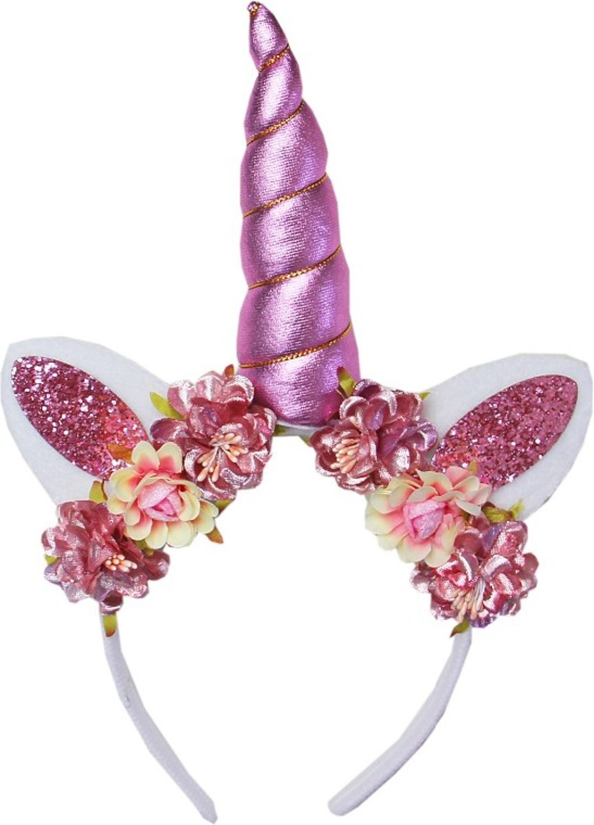 Unicorn diadeem bloemen roze | Eenhoorn diadeem roze